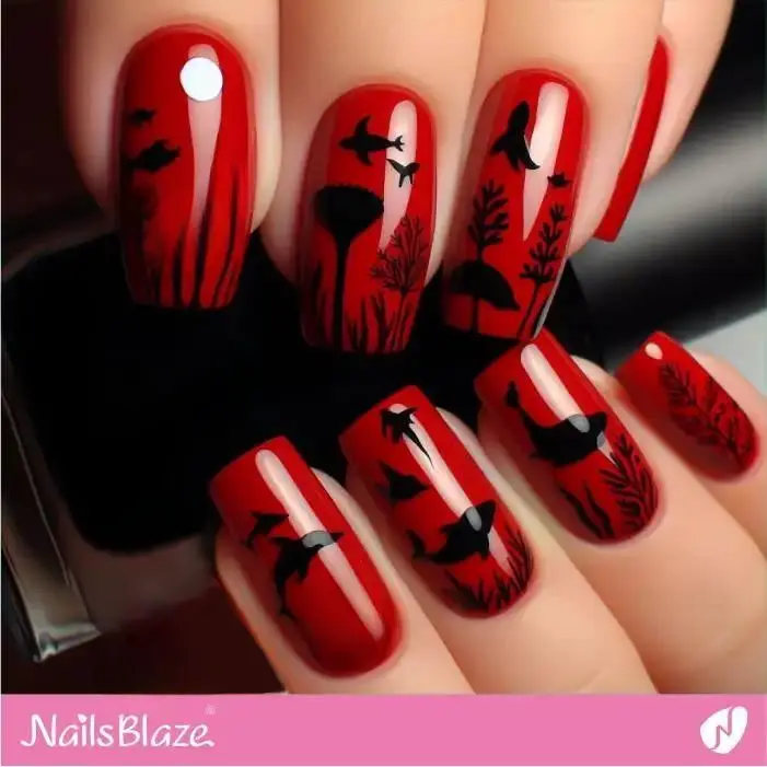 Glossy Red Nails with Silhouette Marine Life | Save the Ocean Nails - NB2774